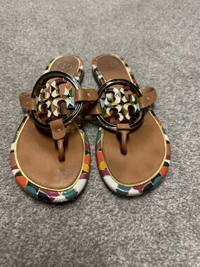 Tory Burch Miller tan Thong Sandals with Multicolor Trim and Logo Medallions